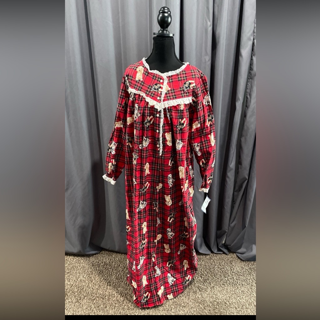 Eileen West Nwt Vintage Plaid Flannel Dog Print 100% Cotton Nightgown, Medium